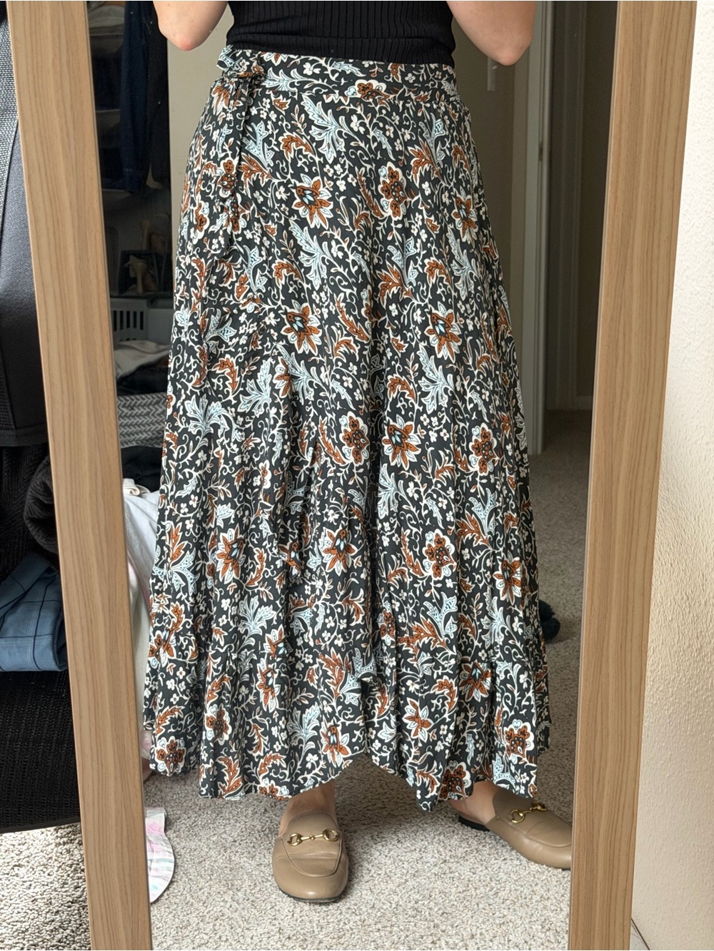 Floral Tiered Midi Skirt - Black with Brown & Cream Print